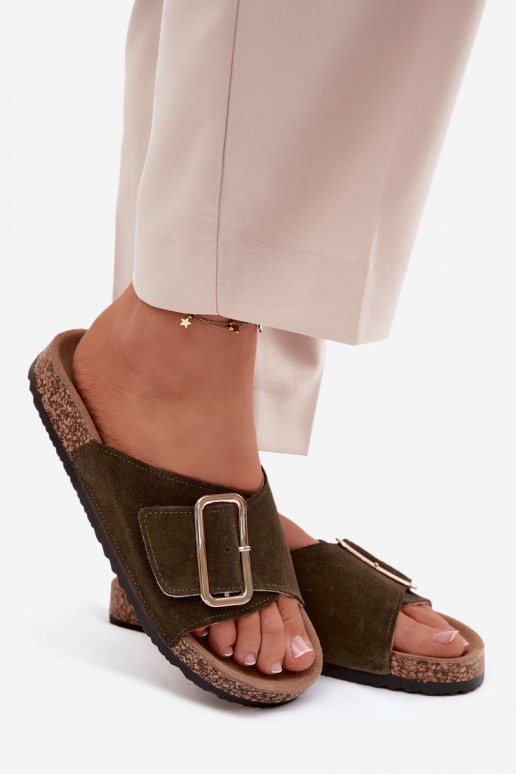 Pele Chinelos femininos de camurça com fivelas cor cáqui Beryl