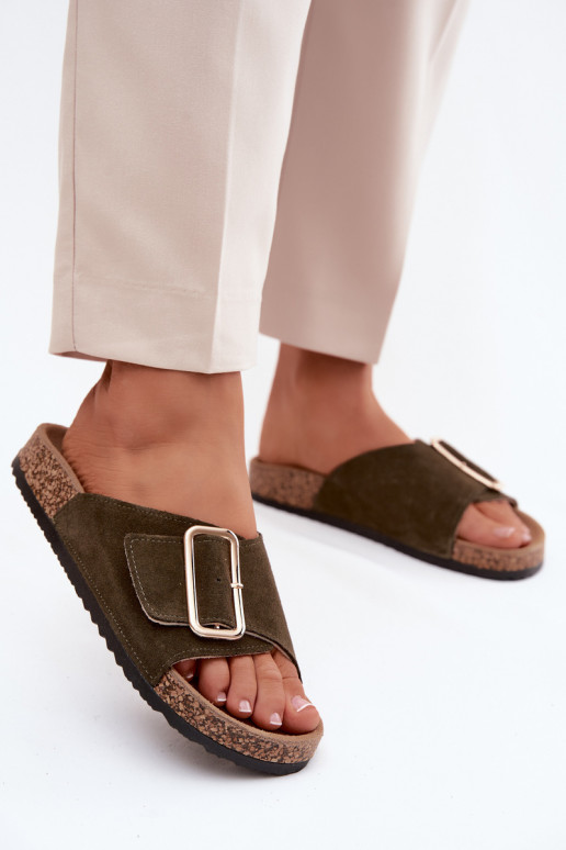 Pele Chinelos femininos de camurça com fivelas cor cáqui Beryl