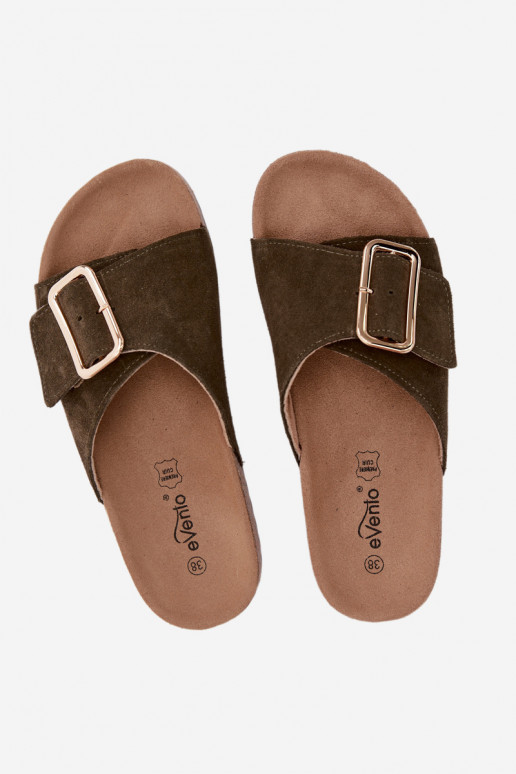 Pele Chinelos femininos de camurça com fivelas cor cáqui Beryl