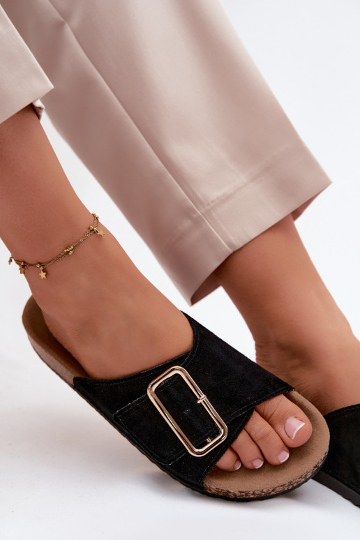 Pele Chinelos femininos de camurça com fivelas cor preta Beryl