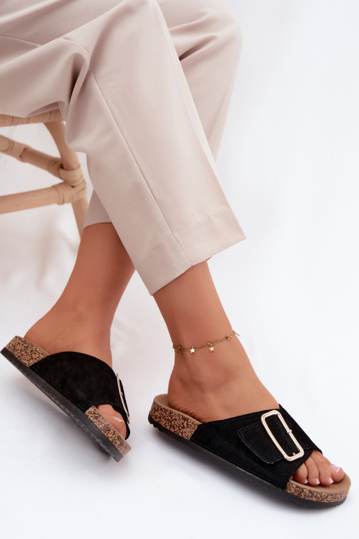 Pele Chinelos femininos de camurça com fivelas cor preta Beryl