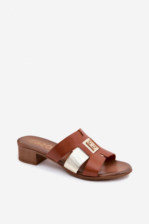 Chinelos de couro Feminino com salto Zazoo 40517 cor marrom