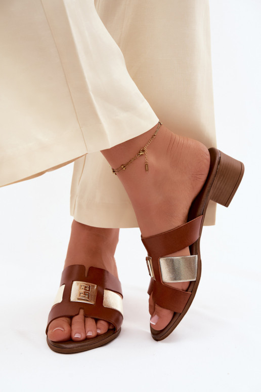 Chinelos de couro Feminino com salto Zazoo 40517 cor marrom