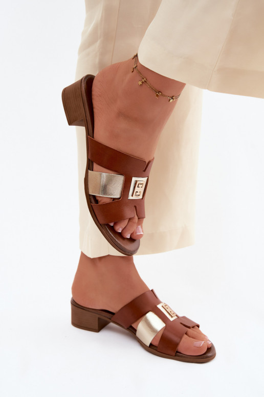 Chinelos de couro Feminino com salto Zazoo 40517 cor marrom