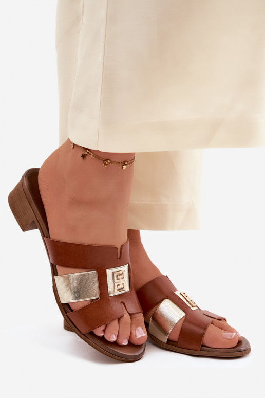 Chinelos de couro Feminino com salto Zazoo 40517 cor marrom