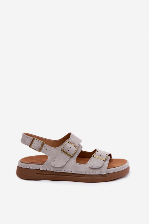 Pele Sandálias femininas de camurça com fivelas Vinceza 79620 cor cinza