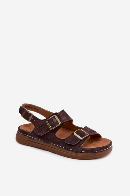 Pele Sandálias femininas de camurça com fivelas Vinceza 79620 CzekoladoParae