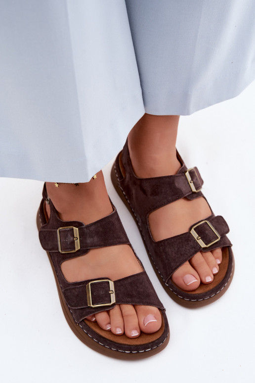 Pele Sandálias femininas de camurça com fivelas Vinceza 79620 CzekoladoParae