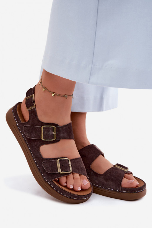 Pele Sandálias femininas de camurça com fivelas Vinceza 79620 CzekoladoParae