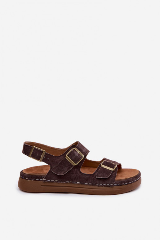 Pele Sandálias femininas de camurça com fivelas Vinceza 79620 CzekoladoParae