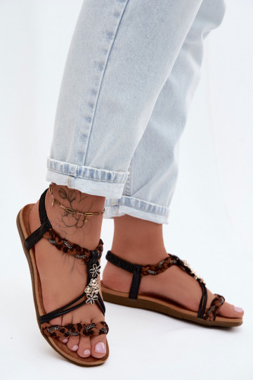 Sandálias femininasPrzypinkami I Plecionymi Paskami cor preta com padrões de pele de leopardo Nusoreth