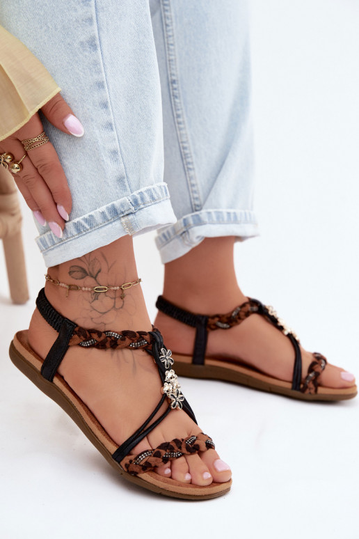 Sandálias femininasPrzypinkami I Plecionymi Paskami cor preta com padrões de pele de leopardo Nusoreth