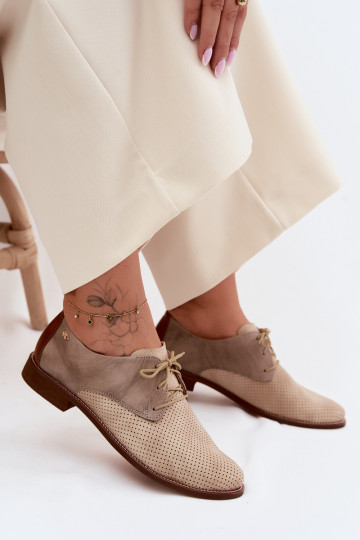 Sapatos de couro elegantes femininos em cores areia e marrom com atacadores Zazoo 4238