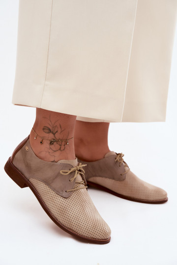 Sapatos de couro elegantes femininos em cores areia e marrom com atacadores Zazoo 4238 2