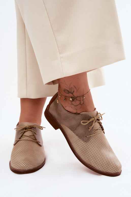 Sapatos de couro elegantes femininos em cores areia e marrom com atacadores Zazoo 4238