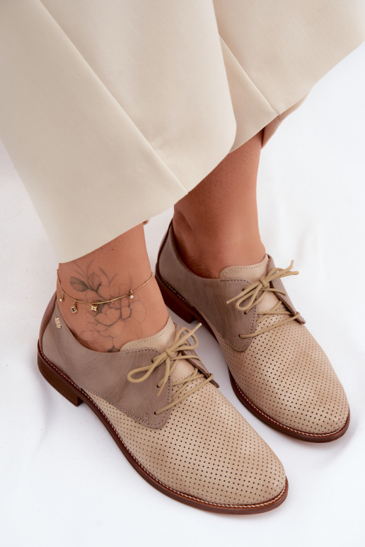 Sapatos de couro elegantes femininos em cores areia e marrom com atacadores Zazoo 4238