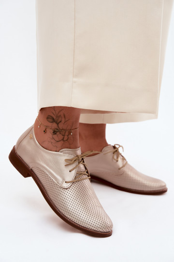 Sapatos de couro elegantes femininos em cor dourada com atacadores Zazoo 4238