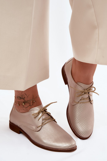 Sapatos de couro elegantes femininos em cor dourada com atacadores Zazoo 4238 2
