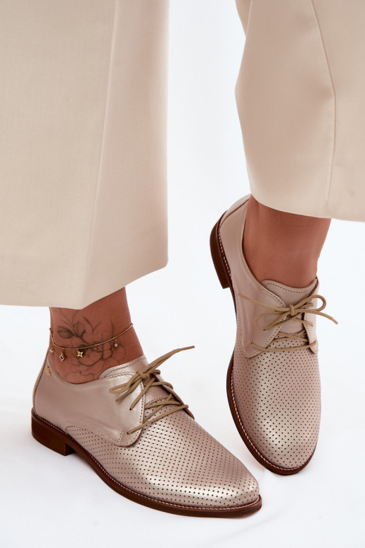 Sapatos de couro elegantes femininos em cor dourada com atacadores Zazoo 4238