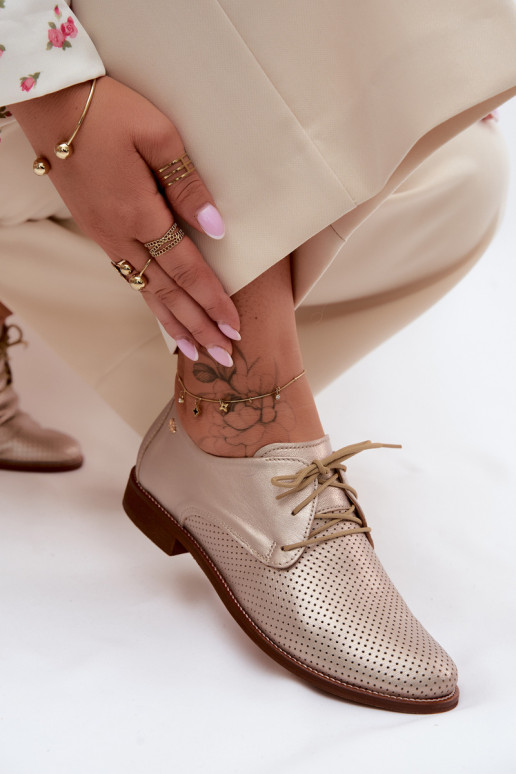 Sapatos de couro elegantes femininos em cor dourada com atacadores Zazoo 4238