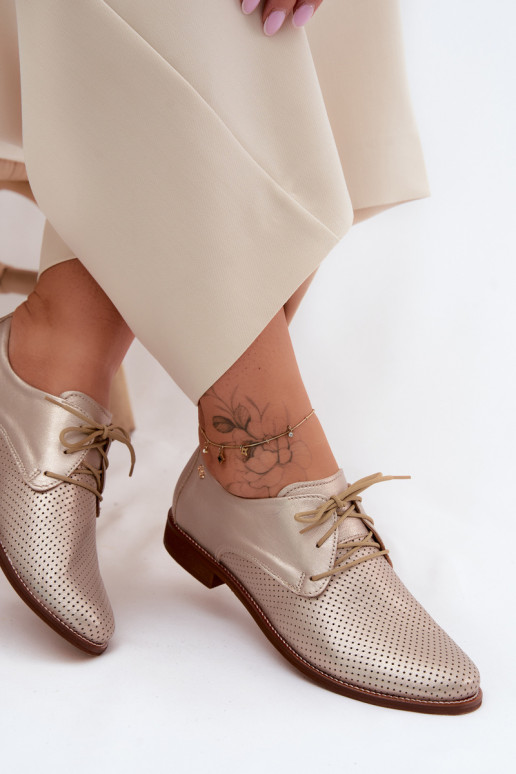 Sapatos de couro elegantes femininos em cor dourada com atacadores Zazoo 4238