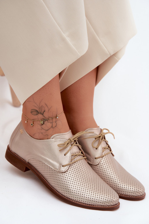 Sapatos de couro elegantes femininos em cor dourada com atacadores Zazoo 4238