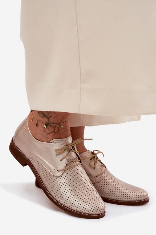 Sapatos de couro elegantes femininos em cor dourada com atacadores Zazoo 4238