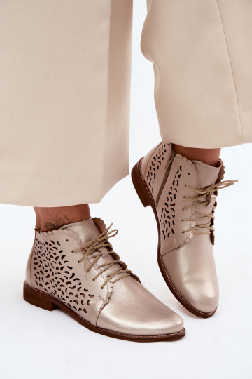 Botins de couro dourados elegantes perfurados com saltos largos Zazoo 4078