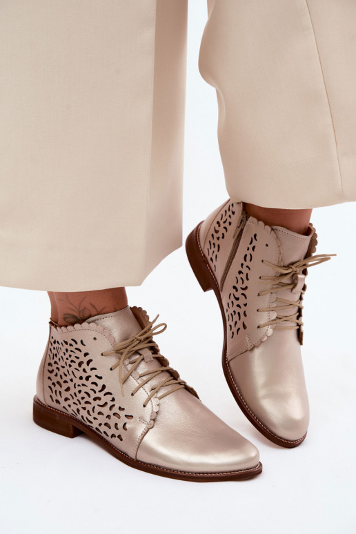 Botins de couro dourados elegantes perfurados com saltos largos Zazoo 4078