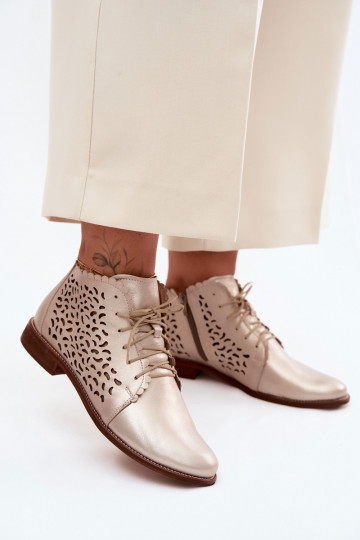 Botins de couro dourados elegantes perfurados com saltos largos Zazoo 4078 2