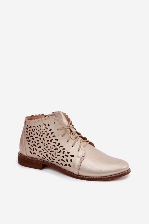 Botins de couro dourados elegantes perfurados com saltos largos Zazoo 4078
