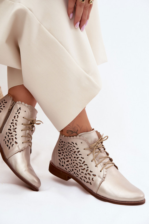 Botins de couro dourados elegantes perfurados com saltos largos Zazoo 4078