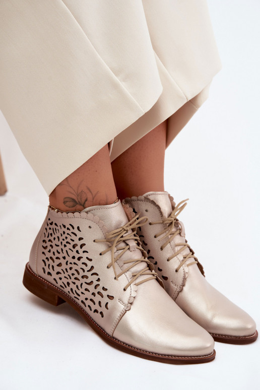 Botins de couro dourados elegantes perfurados com saltos largos Zazoo 4078