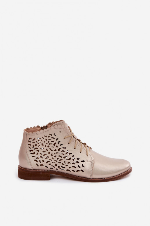 Botins de couro dourados elegantes perfurados com saltos largos Zazoo 4078