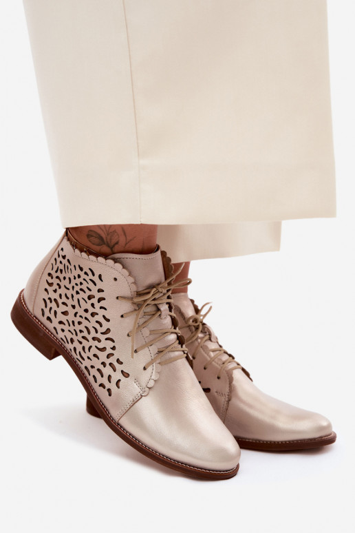 Botins de couro dourados elegantes perfurados com saltos largos Zazoo 4078