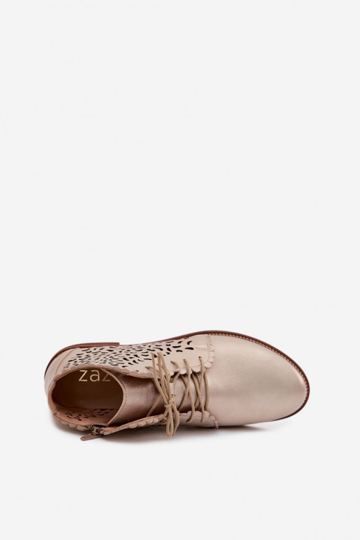 Botins de couro dourados elegantes perfurados com saltos largos Zazoo 4078