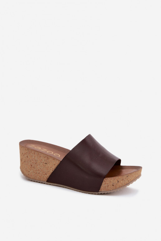 Chinelos de couro cor chocolate Zazoo 40291 com sola de cortiça