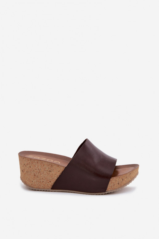 Chinelos de couro cor chocolate Zazoo 40291 com sola de cortiça