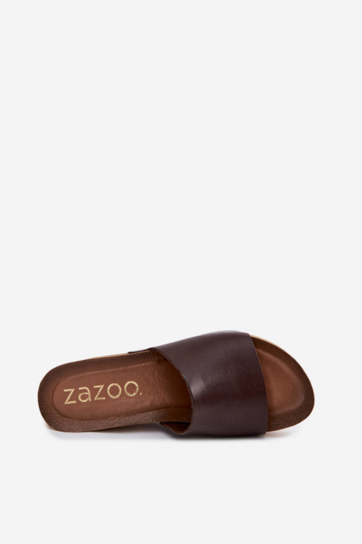 Chinelos de couro cor chocolate Zazoo 40291 com sola de cortiça