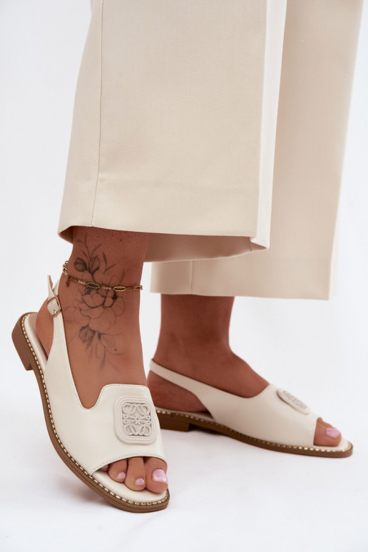 Sandálias femininas com salto largo com enfeites S.Barski KV61-6016 cor creme