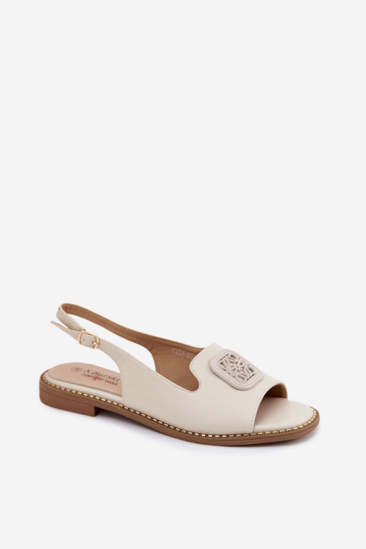 Sandálias femininas de cor creme com saltos largos e ornamentos S.Barski