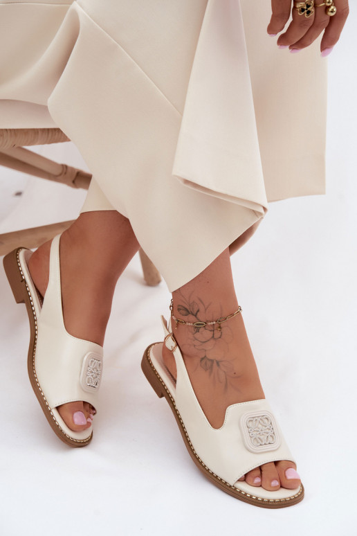 Sandálias femininas com salto largo com enfeites S.Barski KV61-6016 cor creme