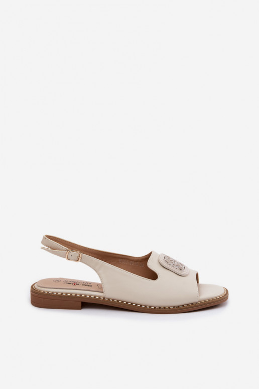 Sandálias femininas de cor creme com saltos largos e ornamentos S.Barski