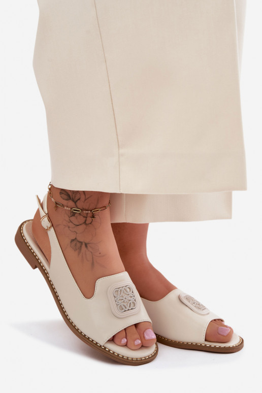 Sandálias femininas com salto largo com enfeites S.Barski KV61-6016 cor creme