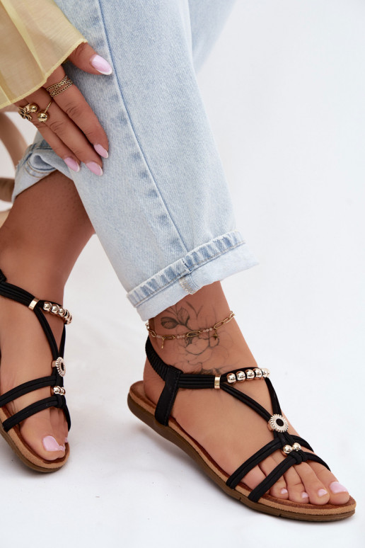Sandálias rasteiras para mulheres com listras cor preta Zelda