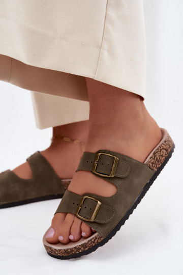 Chinelos femininos com fivelas Com sola de cortiça cor cáqui Harleen