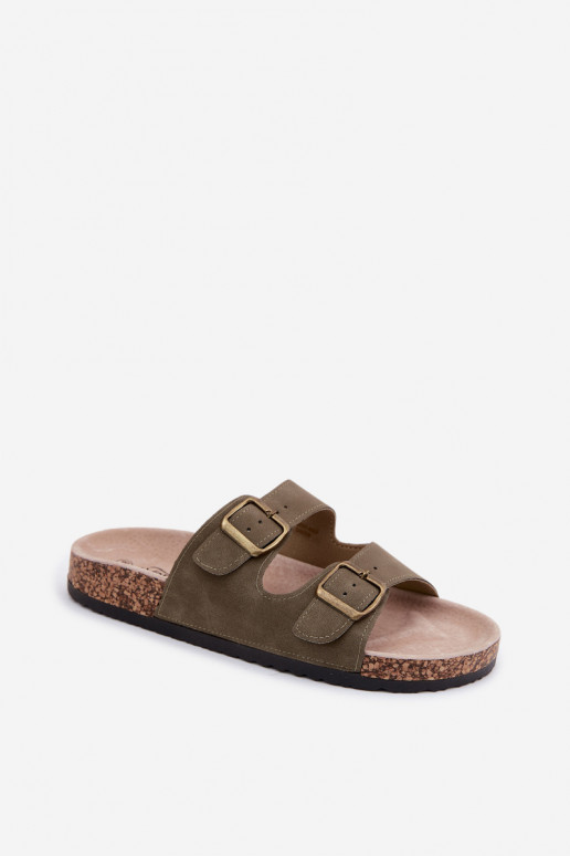 Chinelos femininos com fivelas Com sola de cortiça cor cáqui Harleen