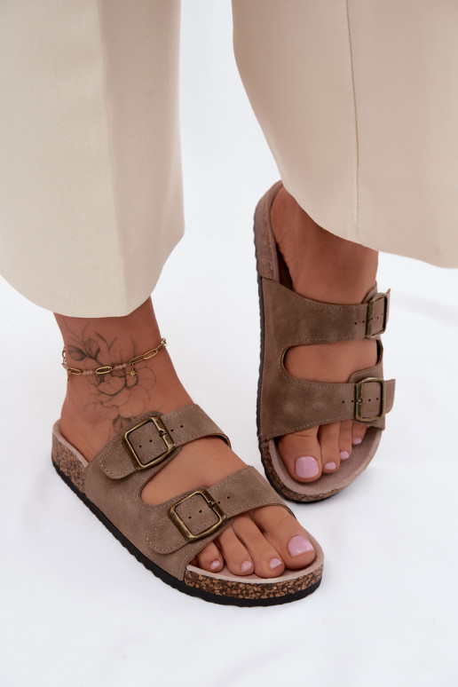 Chinelos femininos com fivelas Com sola de cortiça cor cáqui Harleen