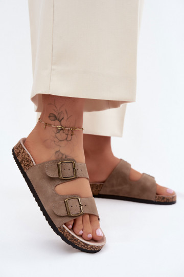 Chinelos femininos com fivelas Com sola de cortiça cor cáqui Harleen 2