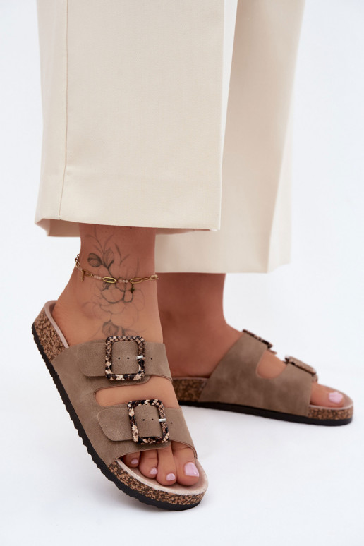 Chinelos femininos Com sola de cortiça com fivelas padrões de cobra bege Melia